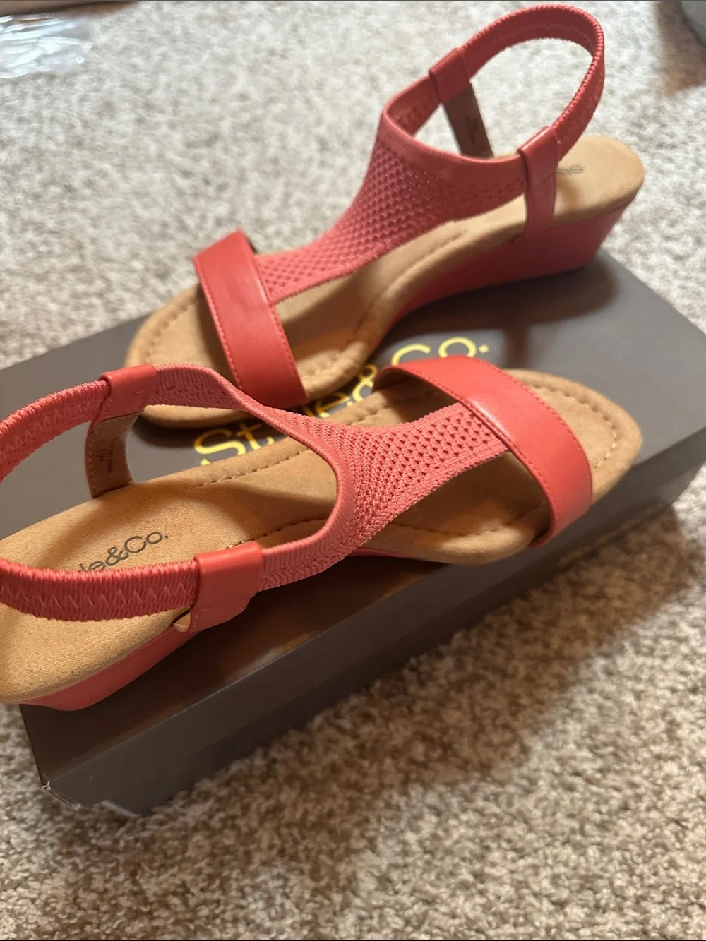 Style & Co. Coral/Tan Elastic Strap Wedge Sandals